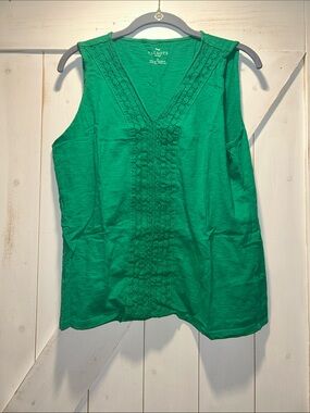 Talbots Emerald Green Crochet-Trim V-Neck Tank 100% Cotton Large Petite